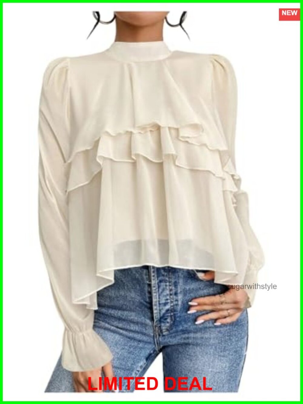 Verdusa Chiffon Ruffle Layered Blouse Puff Sleeve Mock Neck Work Top